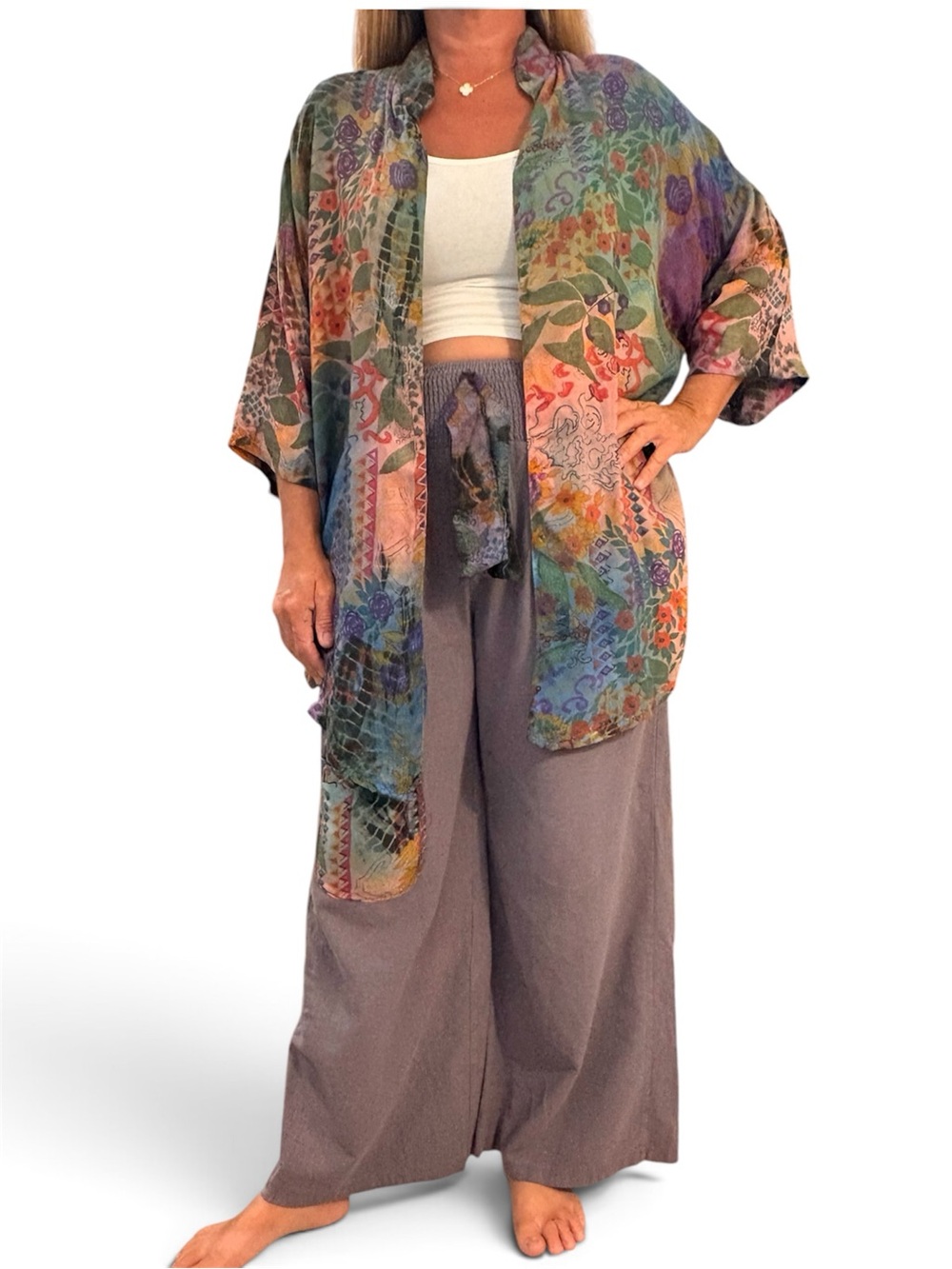 Handmade Bohemian Floral Kimono Jacket in Multicolor With Pants Set